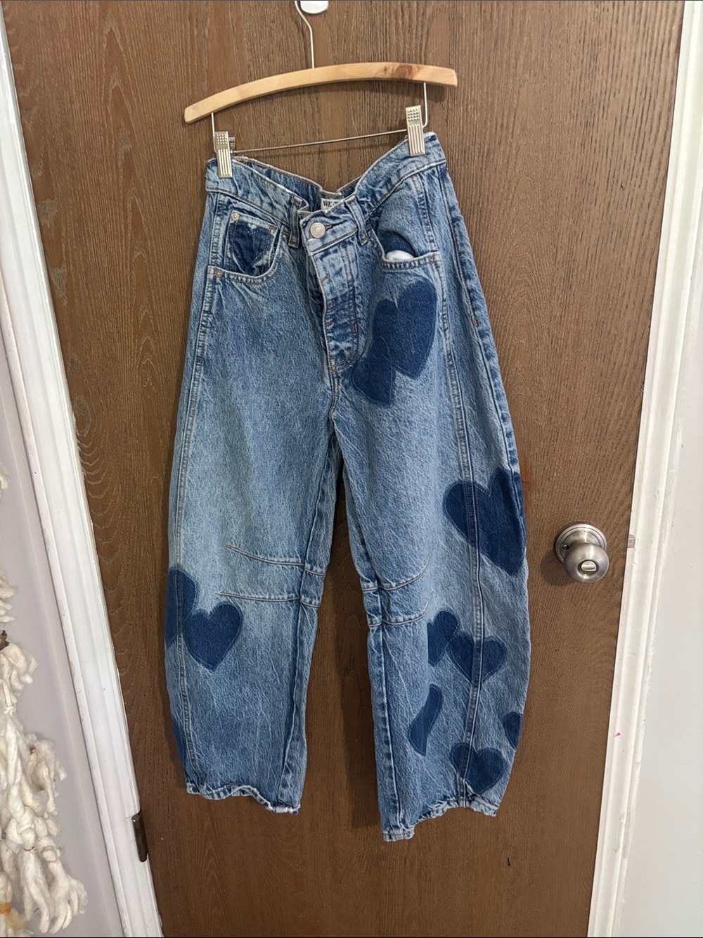 Free People Denim Boyfriend Jeans with Dark Blue Heart Patches